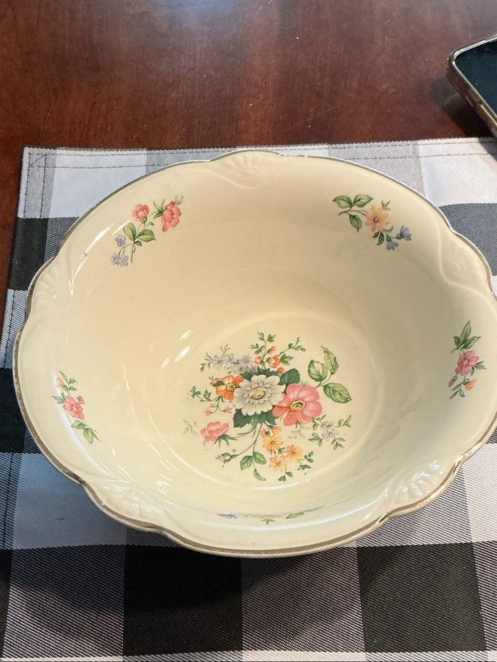 Homer Laughlin Cream Ceramic Serving Bowl with Pink /Green Floral Design